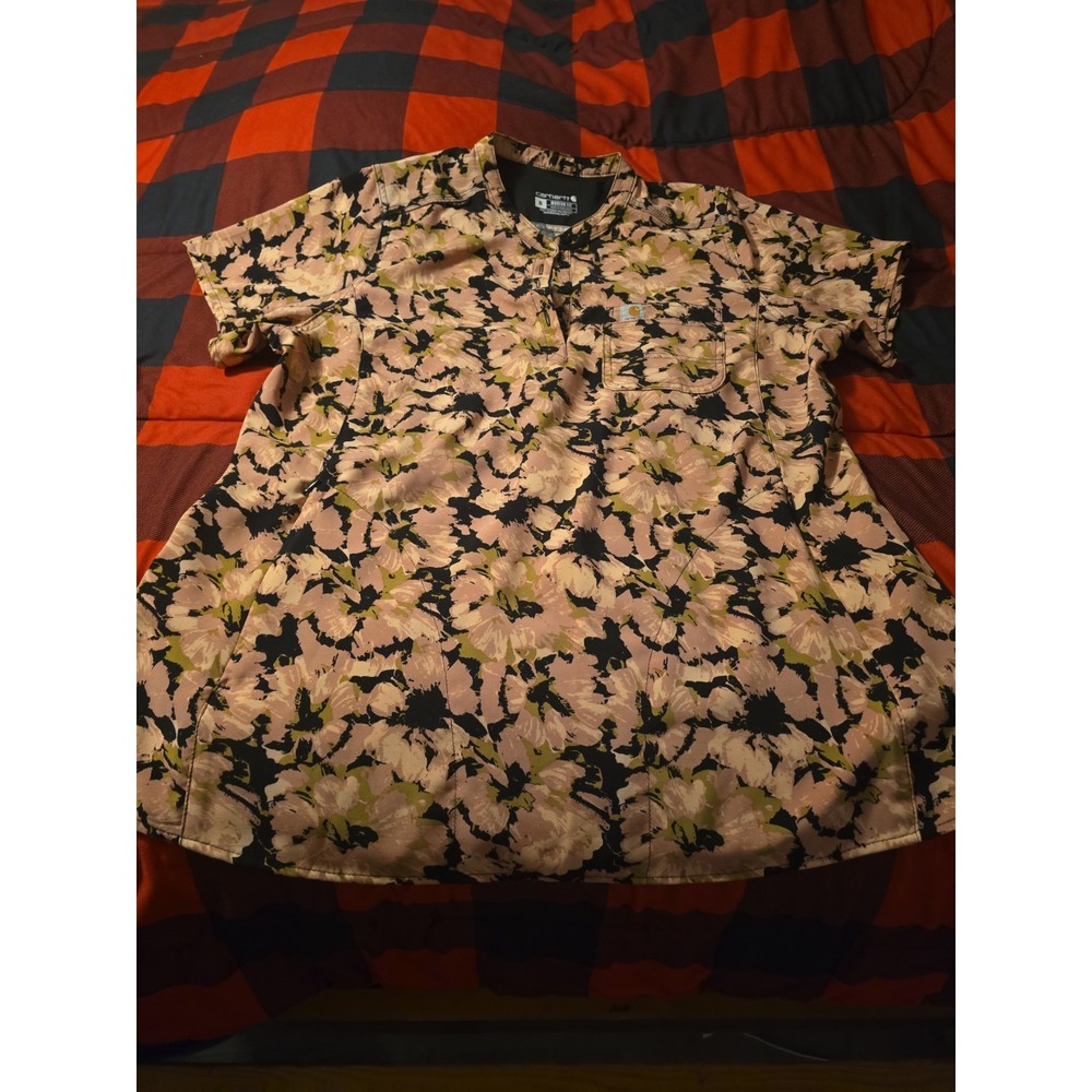 Carhartt Modern Fit Women XL Pocket Scrub Top Floral Print Pocket Side Slit